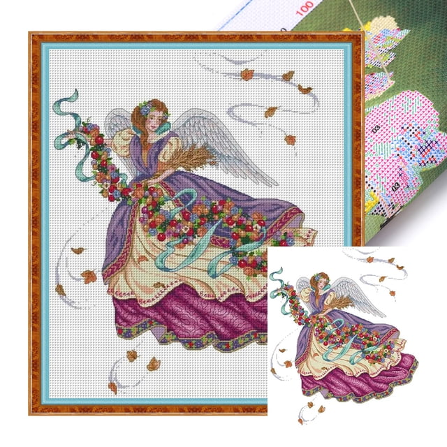 (RA273) Hilo Algodón Ecológico Bordado No Manchú 14CT 2 Hebras Impresión 48*55 Cm Kit Serie Personajes Punto Cruz Ángel Púrpura (borde Gancho)