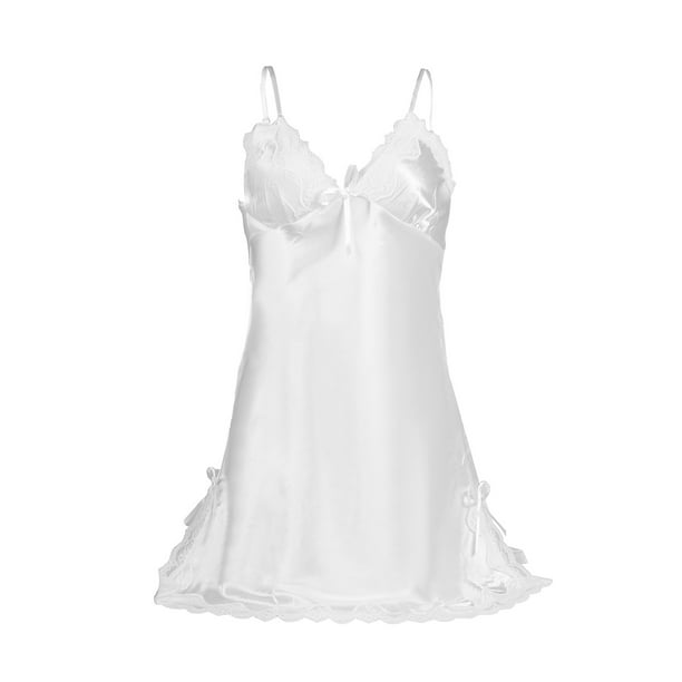 Vestido de pijama de pijama con ribete de encaje satinado sexy para mujer Encaje blanco XL