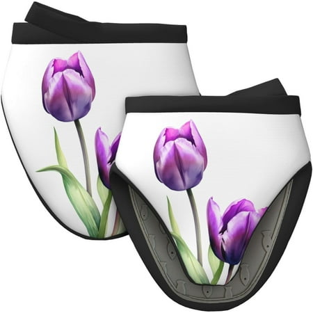 

PISONIC Purple Tulip Print 2Pcs Mini Silicone Oven Mitts Non-Slip Heat Resistant Oven Gloves with Hanging Loop for Kitchen Cooking Baking