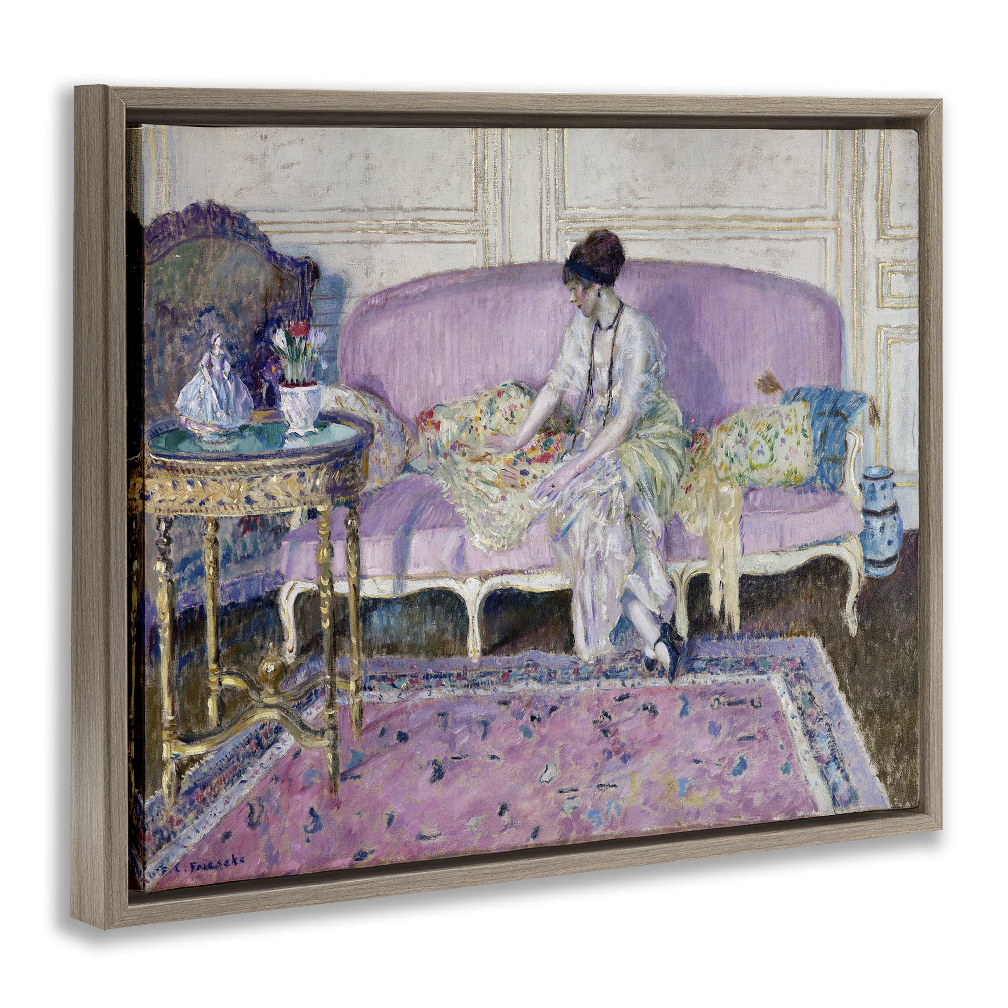 Stupell Industries Classical Woman on Sofa People Painting Brown Floater Framed Canvas Art Print Wall Art, 31 x 25
