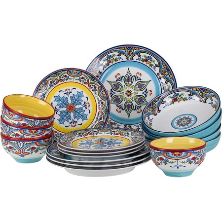 

ZCYH Ceramica Zanzibar Double Bowl 16-Piece Dinnerware Set | Fine Kitchenware | Floral Multicolor Design Stoneware Tableware Service For 4