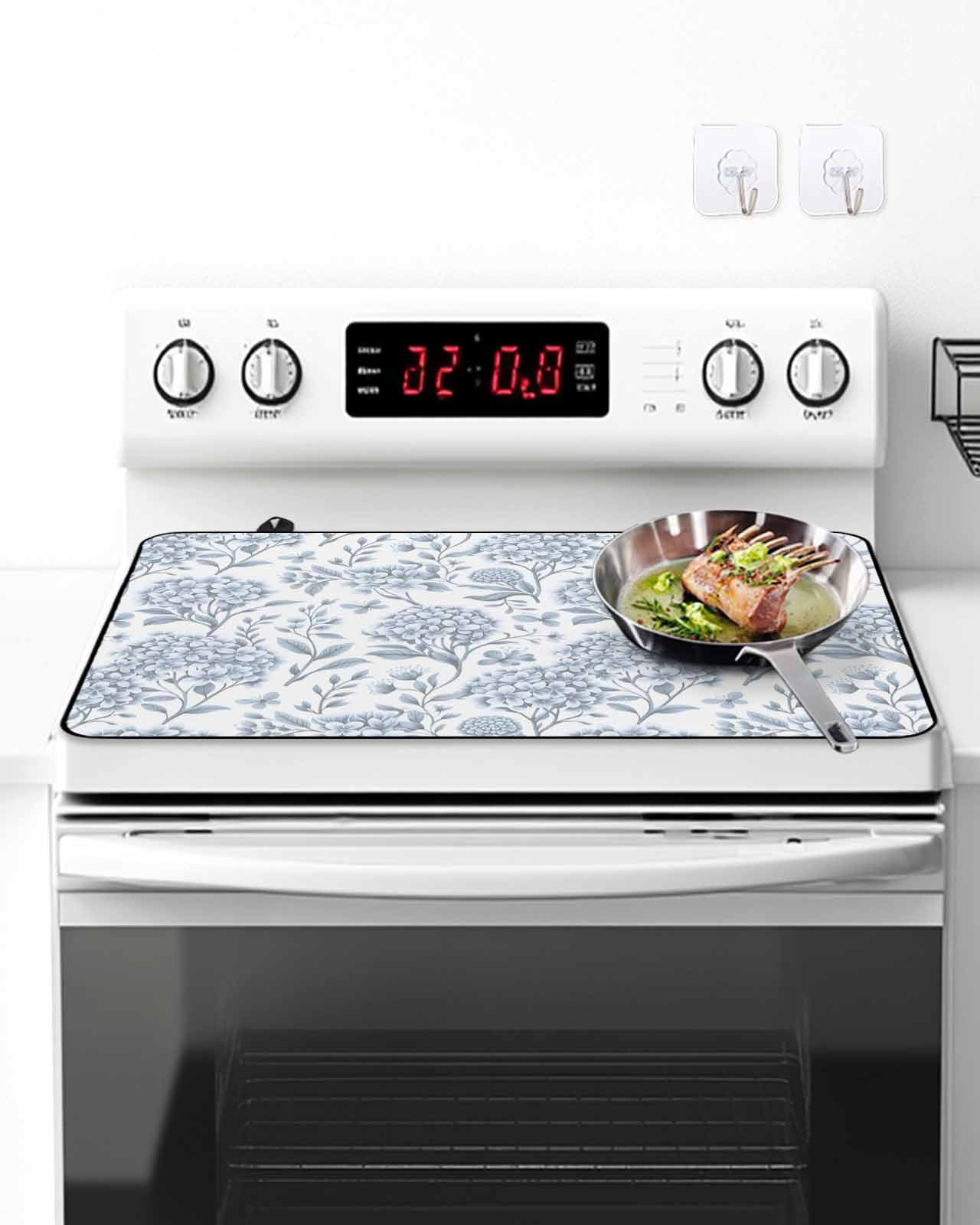 Stove Top Covers for Electric Stove, Blue Flower Kitchen Glass Ceramic Electric Cooktop Covers 24"x21", Botanical Floral Vintage Wildflower Leaf HeatResistant Oven/Countertop/Dishwasher Protector