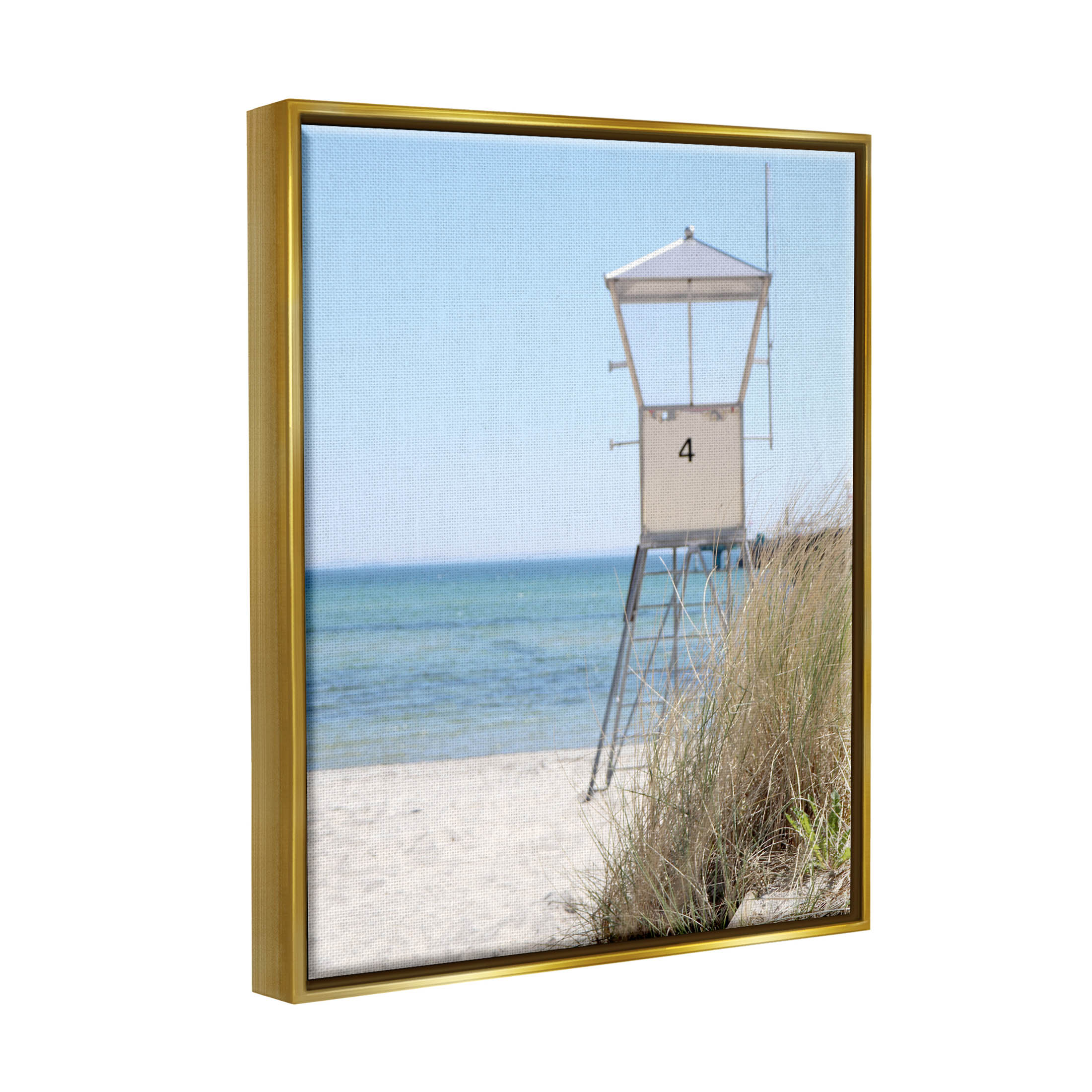 Summer Beach Hut Clear Skies Coastal Photograph Metallic Gold Framed Art Print Wall Art