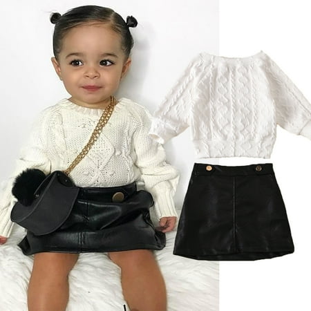 

RPVATI Toddler Baby Child Children Kids Clothes Knit Long Sleeve Sweater Leather Skirt 2 Pieces Fall Winter Outfits Set