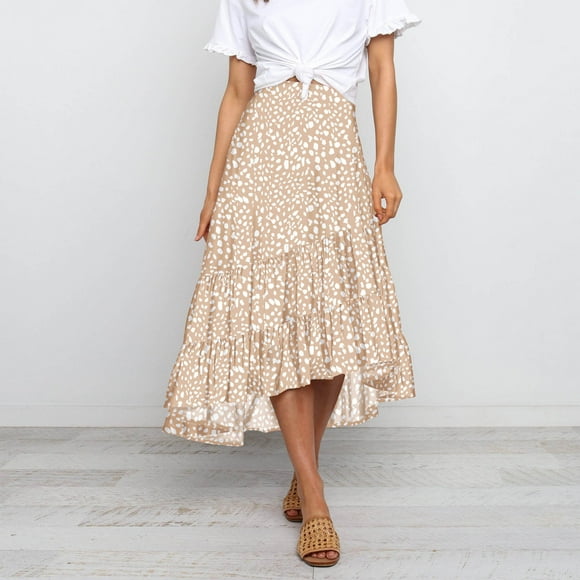 jsaierl Women’s Summer Chiffon Boho Print A-line Midi Skirts High Waist Pleated Ruffle Swing Beach Vacation Skirt