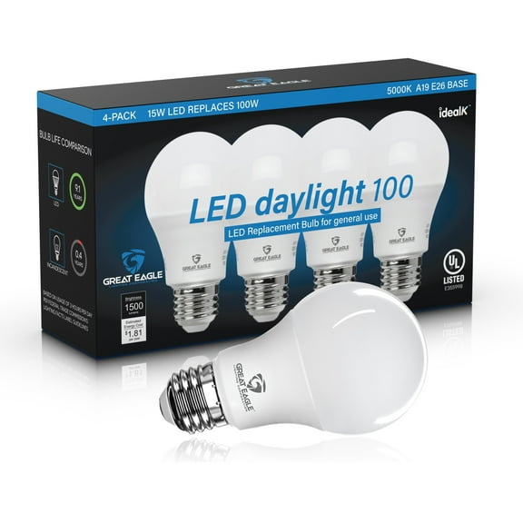 Great Eagle A19 LED Light Bulbs 100 Watt Equivalent - Daylight 5000K, 15W Non-Dimmable, 1500 Lumens (4 Pack)