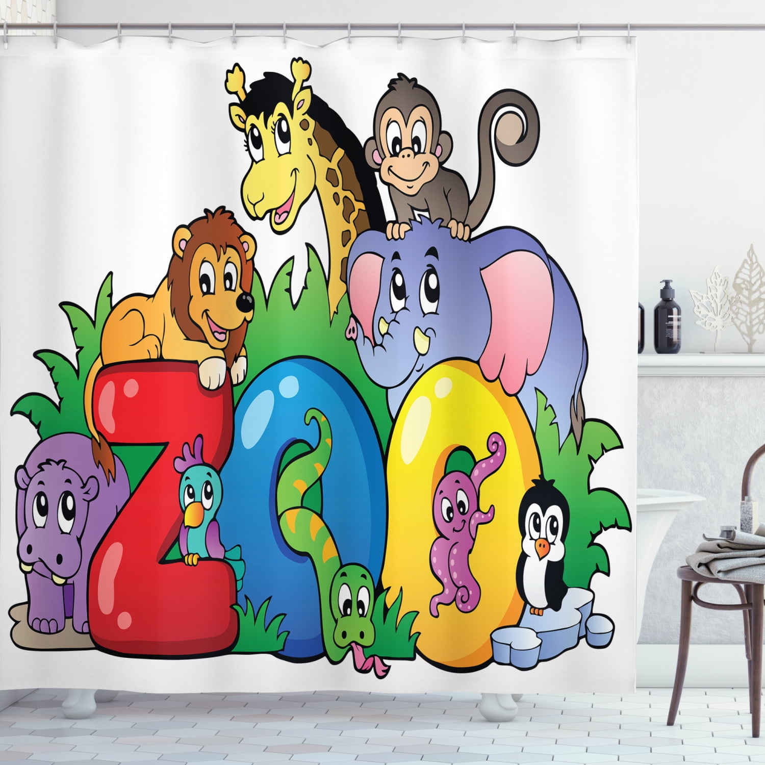Zoo Shower Curtain, Zoo Sign with Various Animals Mascot Cartoon