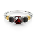 thumbnail image 2 of Gem Stone King 925 Silver and 10K Yellow Gold Red Garnet and Black Onyx and Diamond 3-Stone Ring for Women (1.54 Cttw, Gemstone January Birthstone, Cushion Checkerboard 6MM and 4MM, Size 7), 2 of 3