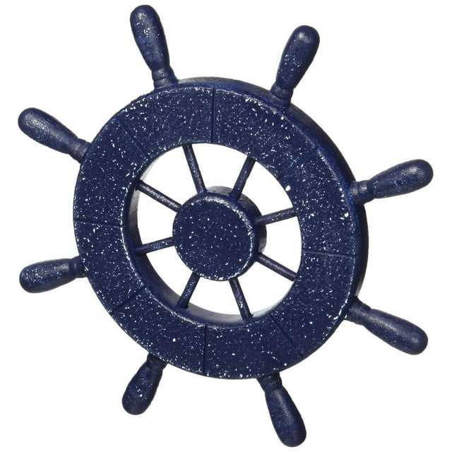 Decoración náutica hecha a mano, rueda decorativa rústica de color azul oscuro con ancla y gancho de 6 ", madera Sh