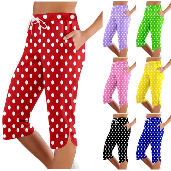 KDFJPTH Women's Polka Dot Cropped Pants Elastic Drawstring Waist Retro Casual Capris with Slit Hem Black L