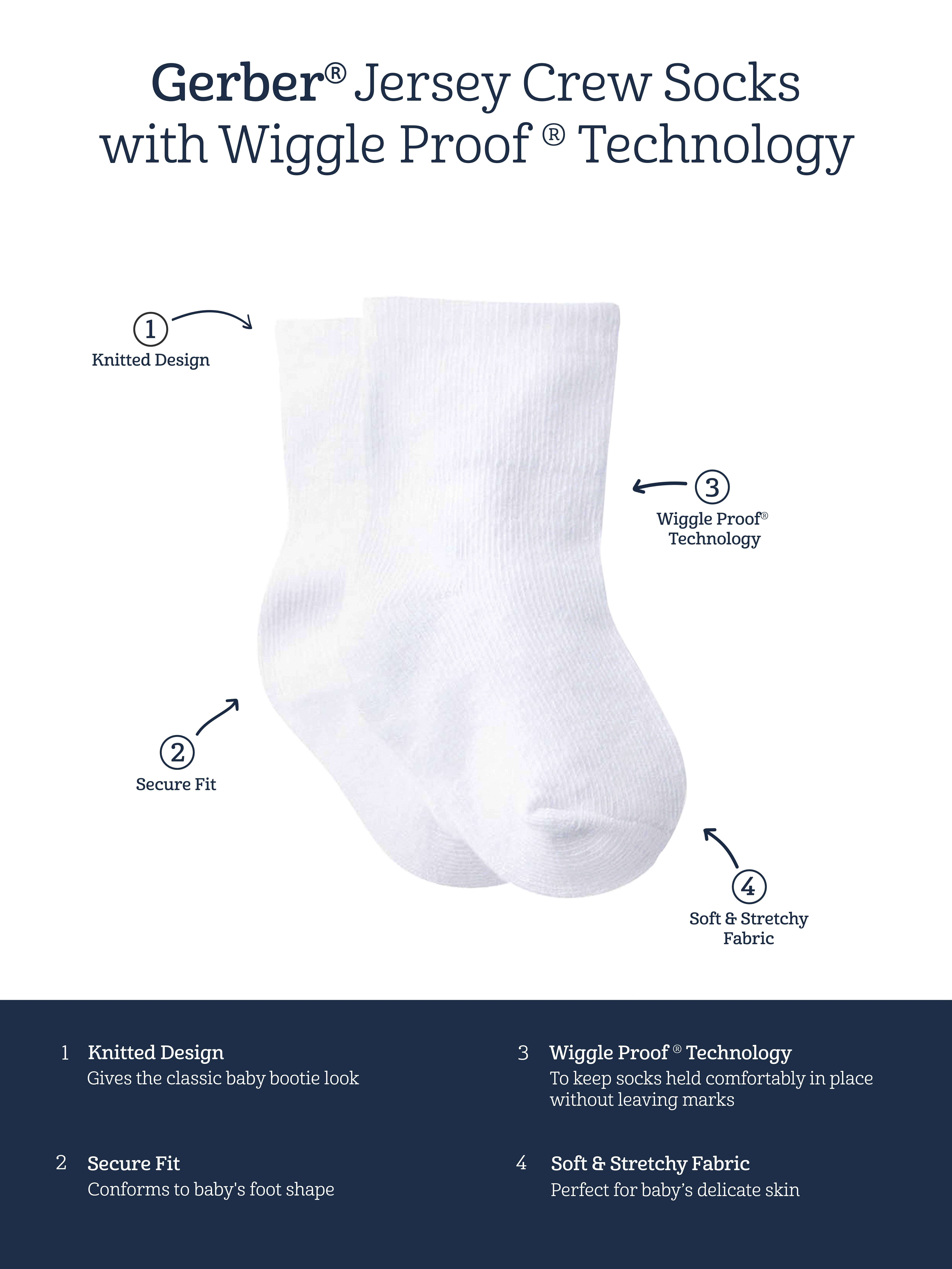 Gerber Baby Gender Neutral White Wiggle-Proof Jersey Socks, 4-Pack, Sizes 0/6 Months - 6/12 Months