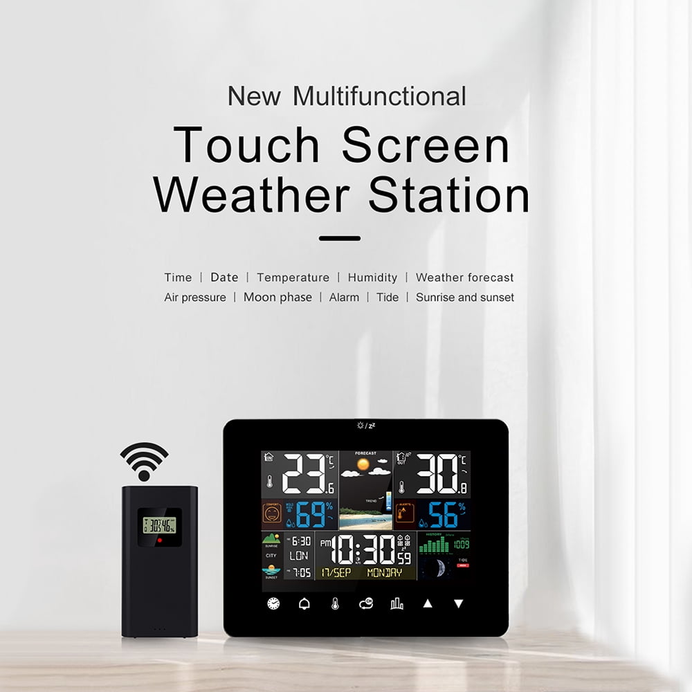 CACAGOO Sunrise and Sunset Weather Station Alarm Clock Thermometer Hygrometer Touch Screen Operation with Wireless Outdoor Sensor