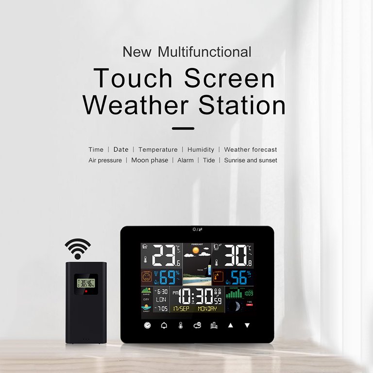 Weather Station Wireless Indoor Outdoor Thermometer with Color Display  Atomic Clock, Weather Thermometer Forecast Station with Sunrise Sunset Time  and