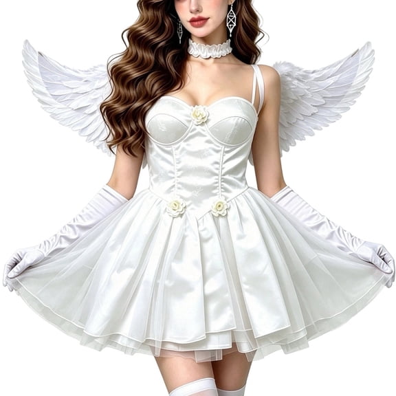 YTCAMLO 5PC Womens Angel Costume, Fashion Mini Dress with Back Ornament necklace gloves Headwear, Halloween Costumes for Party