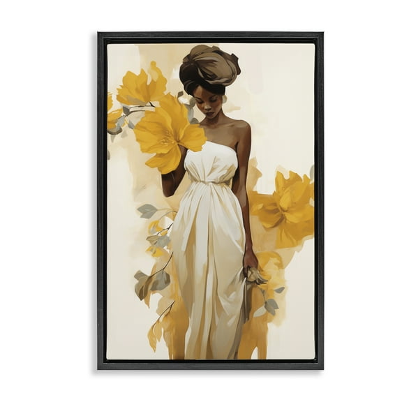Stupell Industries Elegant Floral Woman People Painting Black Floater Framed Canvas Art Print Wall Art, 17 x 25