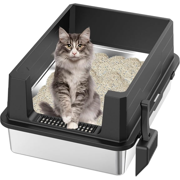 imerelez Stainless Steel Cat Litter Box, Large Size No Cover, High Sided Anti-Leak, Easy Clean Odor-Free, Washable, Includes Litter Scoop with Hook, Black and Silver