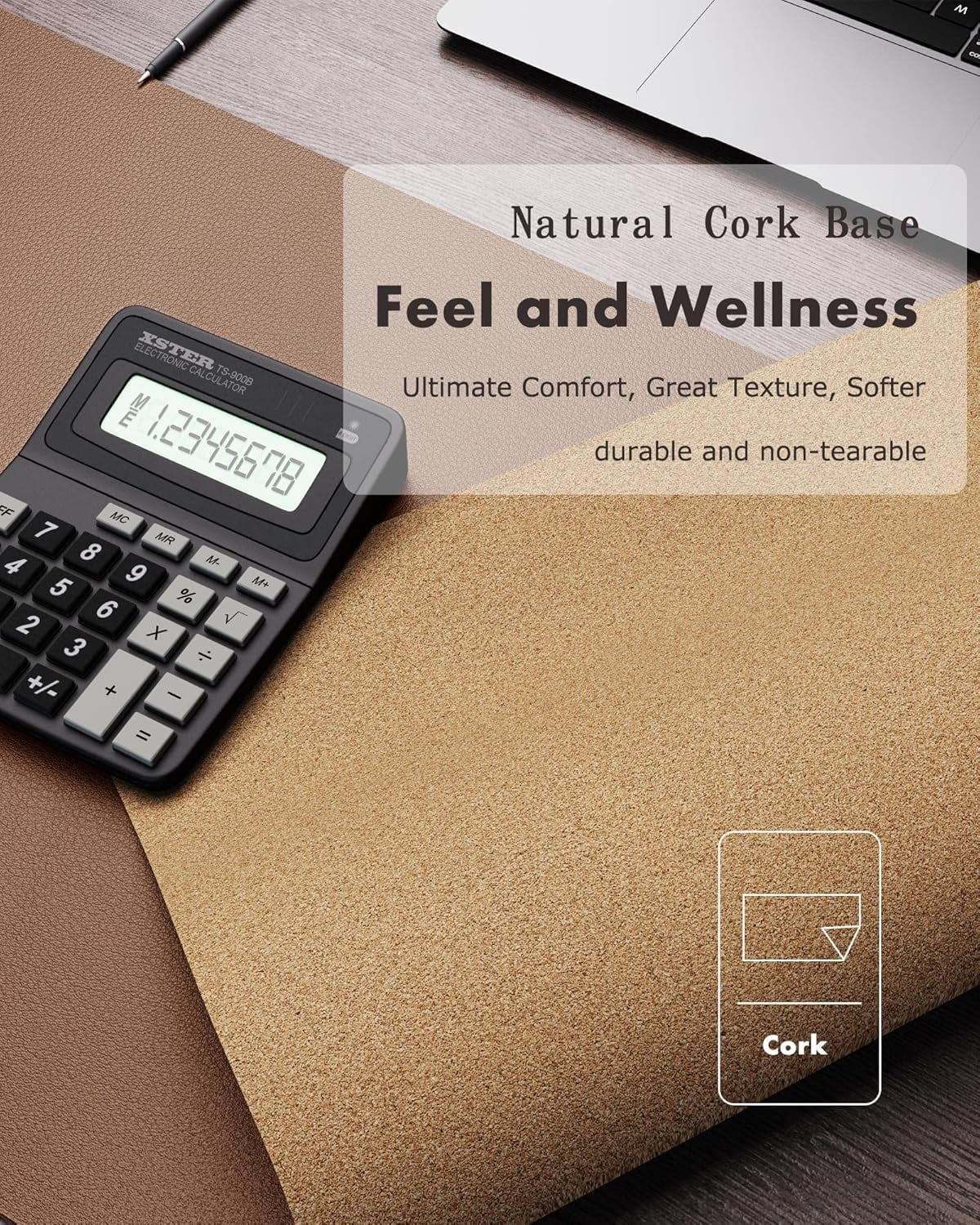 Double-Sided Desk Pad, 31.5"x15.7"Leather Mat, Eco Cork Pad Protector,Large Mouse Pad,Waterproof Blotter for Office/Home(Coffee)