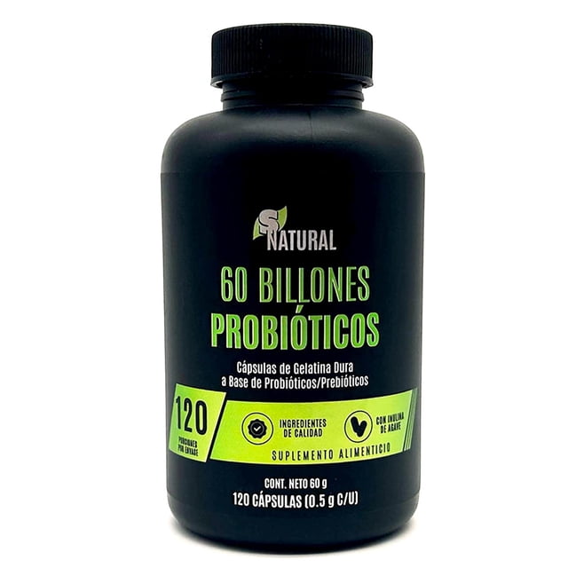 probióticos snatural 60 billones 120 capsulas frasco negro, vista frontal centrada con tapa de rosca; etiqueta negra con texto verde y blanco que destaca "60 BILLONES PROBIÓTICOS" y un recuadro amarillo con "120 cápsulas"; marca SNatural y leyenda de suplemento alimenticio, presentación 120 cápsulas (0.5 g c/u). Suele utilizarse como suplemento probiótico de toma diaria.