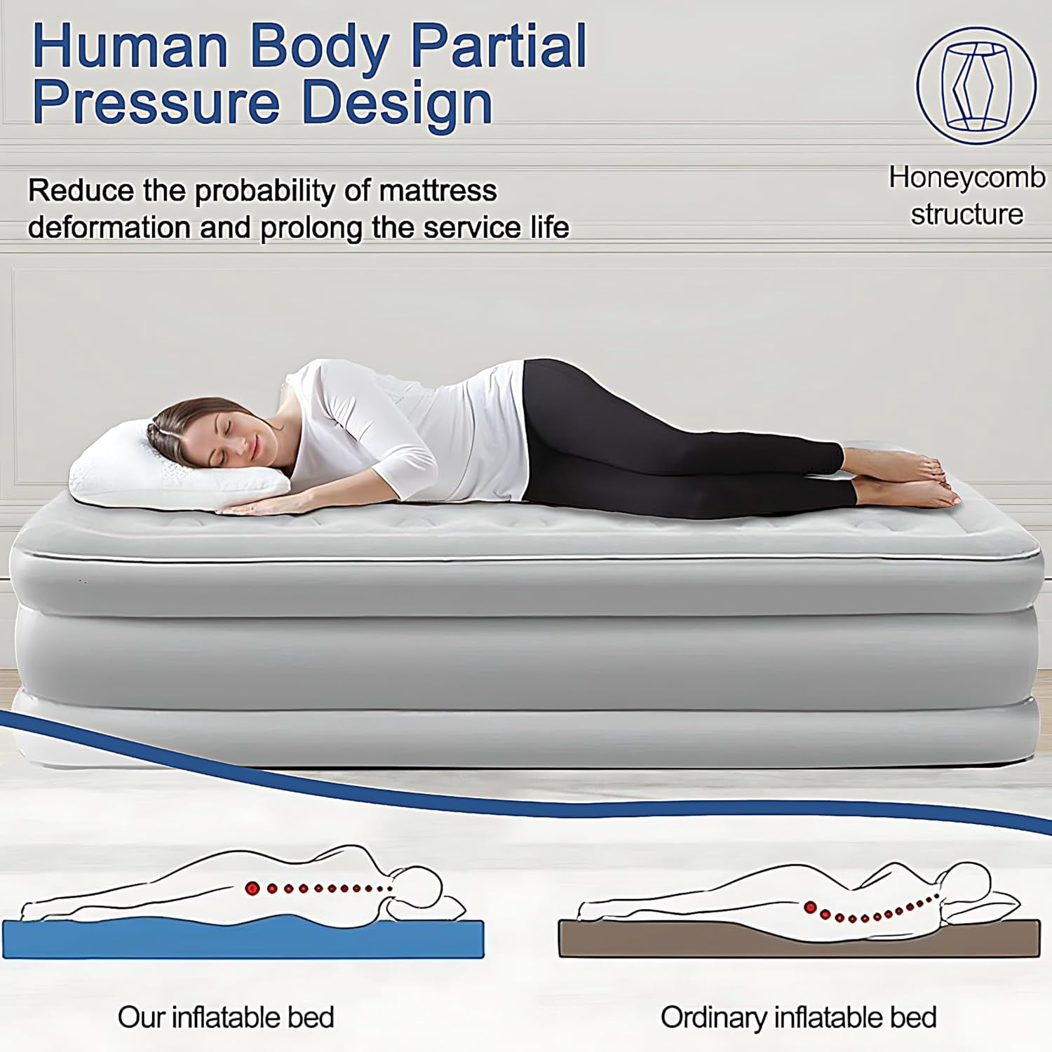 Air Mattress, Queen Airbed with Headboard, Airbed Inflatable Couch with Pump, For Guest Home Camping Travel, Grey