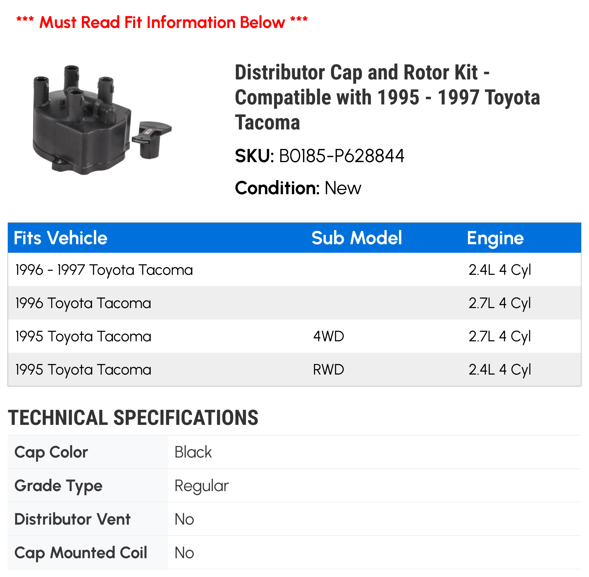 Distributor Cap and Rotor Kit - Compatible with 1995 - 1997 Toyota Tacoma 1996