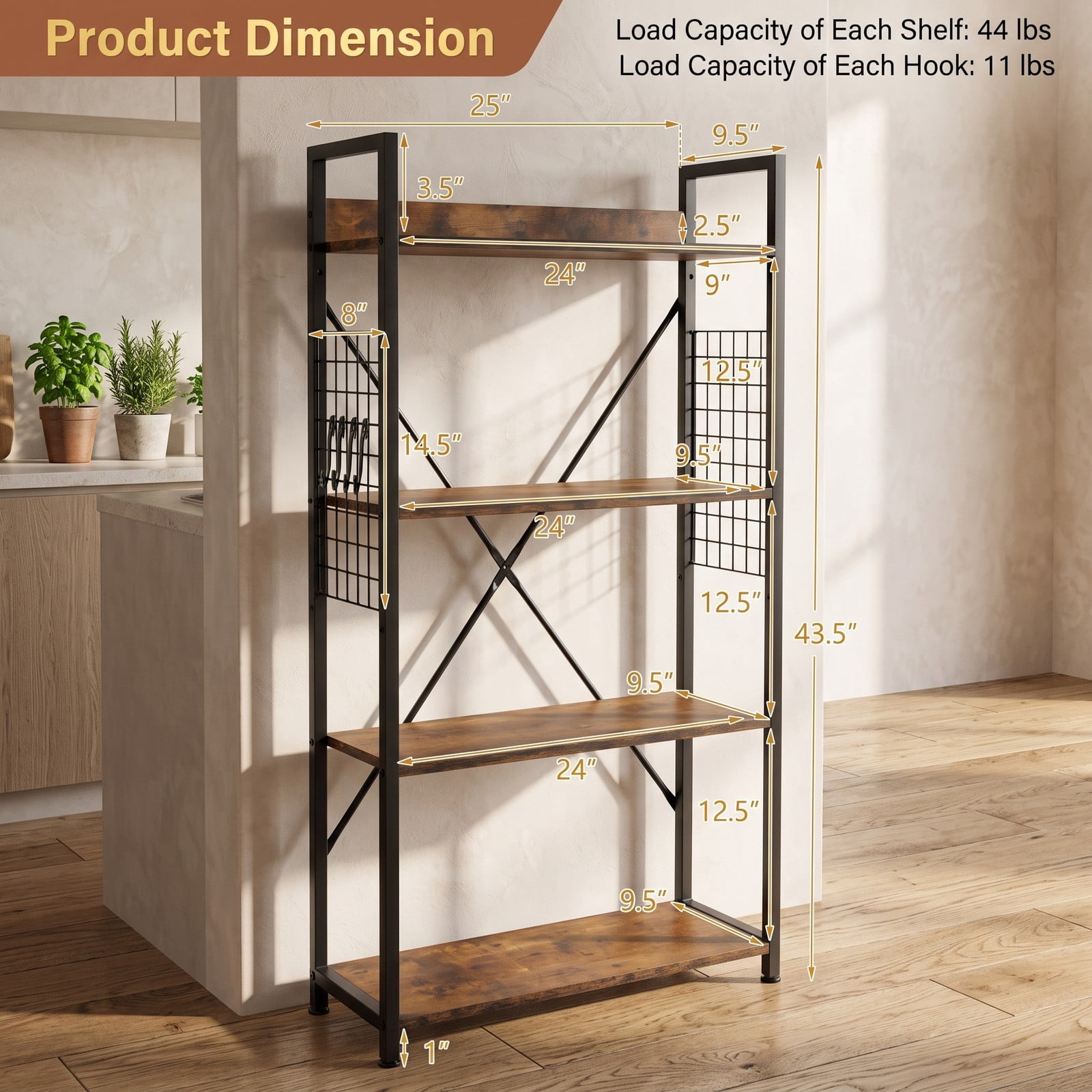 Furnibear 4-Tier Industrial Open Storage Bookshelf, Freestanding Wood Steel Bookcase Display Shelf with S-Hooks & Anti-Toppling Device for Living Room Office, Coffee