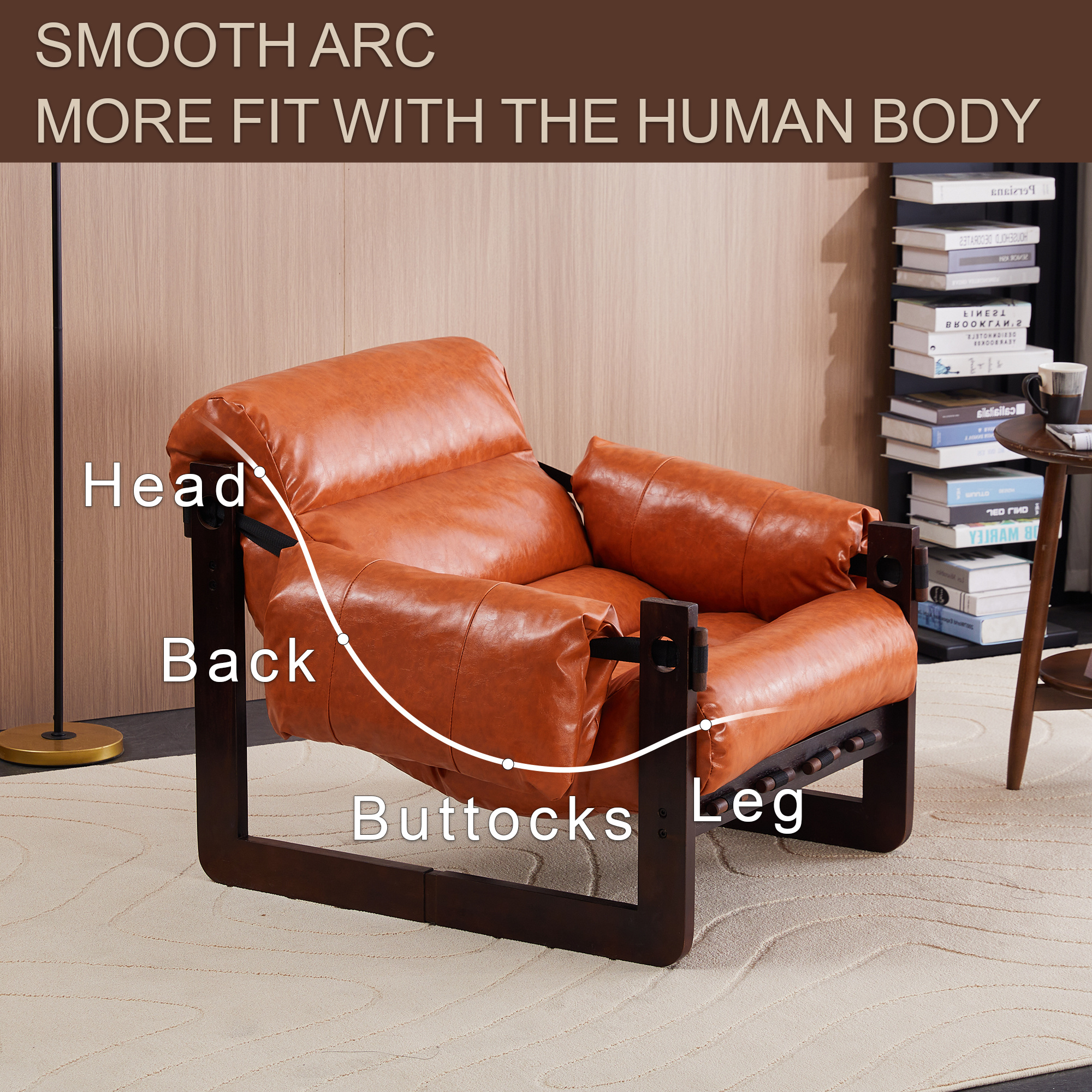 Aukfa Mid-Century Modern Chaise Lounge Indoor Chair for Living Room, Wood Frame, Leather, Retro Orange