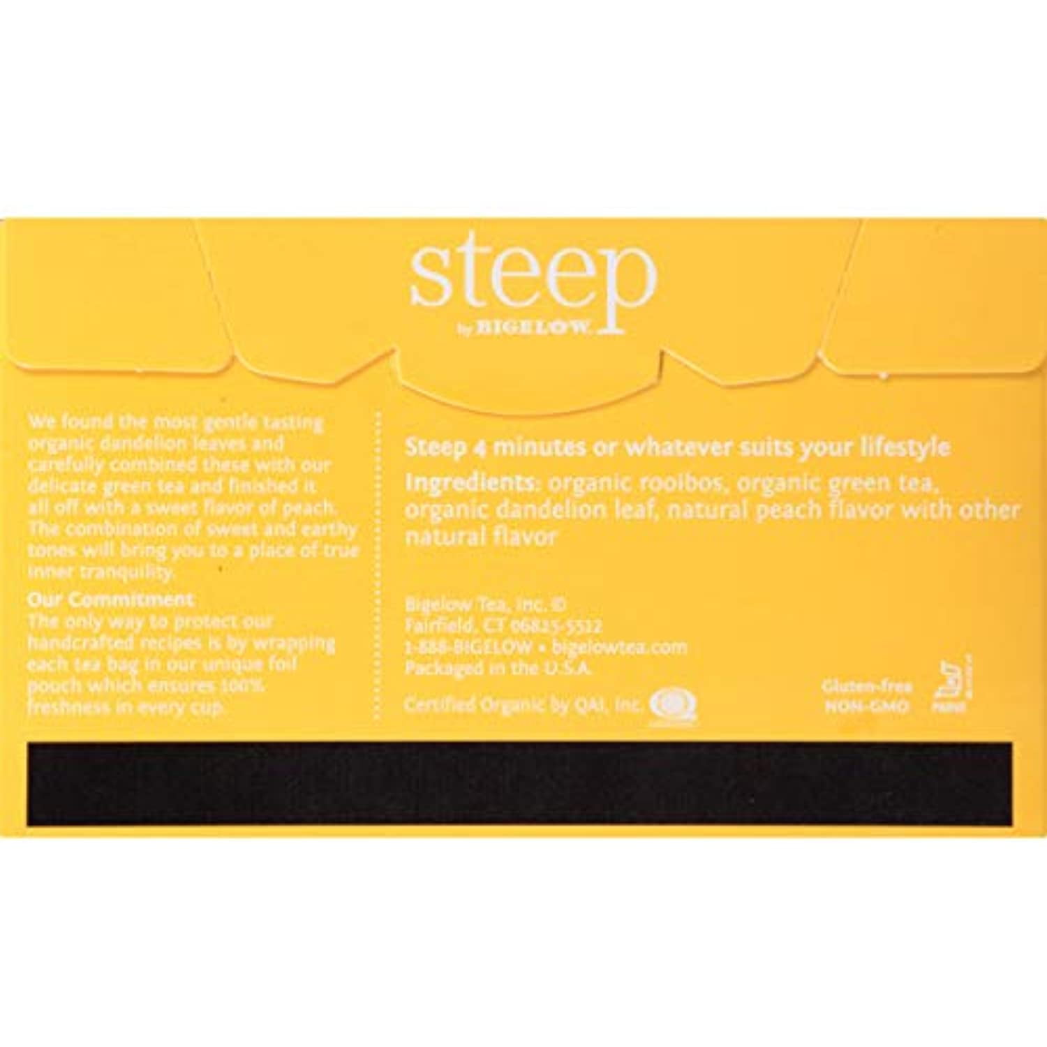 Steep By Bigelow Organic Dandelion And Peach With Rooibos And Green Tea Bags, 20 Count Box (Pack Of 6), Caffeinated 120 Tea Bags Total