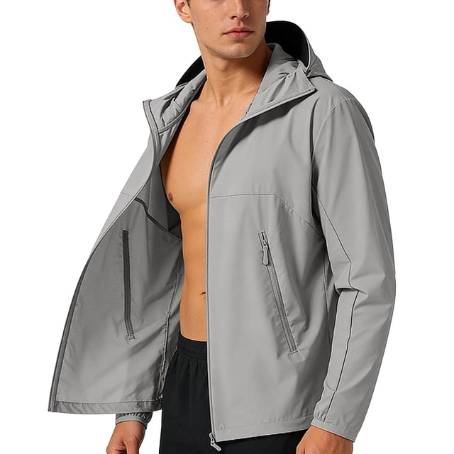 Mens Manga Larga Color Sólido con Capucha Cremallera Cardigan Hielo Seda Fina Chaqueta Protectora Solar para Uso Diario Al Aire Libre