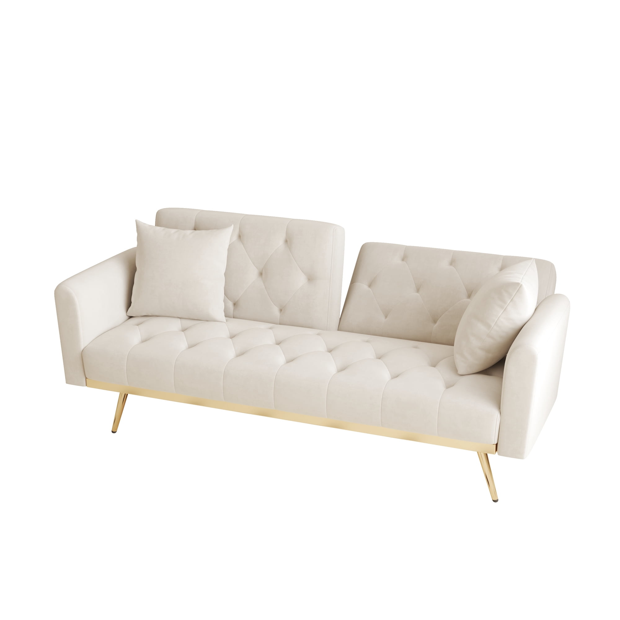 Aukfa Velvet Futon Convertible Sofa Bed for Home Office, 2 Pillows, Upgraded Metal Base, Beige