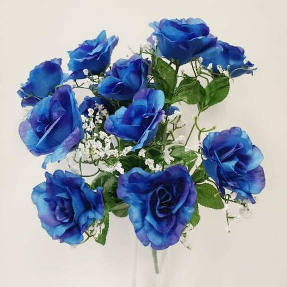 14 Royal Blue Open Roses Artificial Flowers