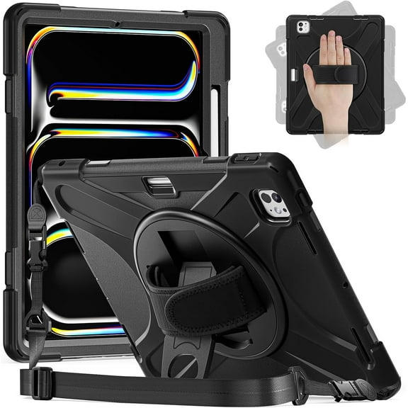 ZenRich iPad Pro 13 Inch Case M4 2024, Heavy Duty Rugged Case for A2925, A2926, A3007 with 360°Rotating Kickstand/Handle/Pencil Holder/Shoulder Strap, Black