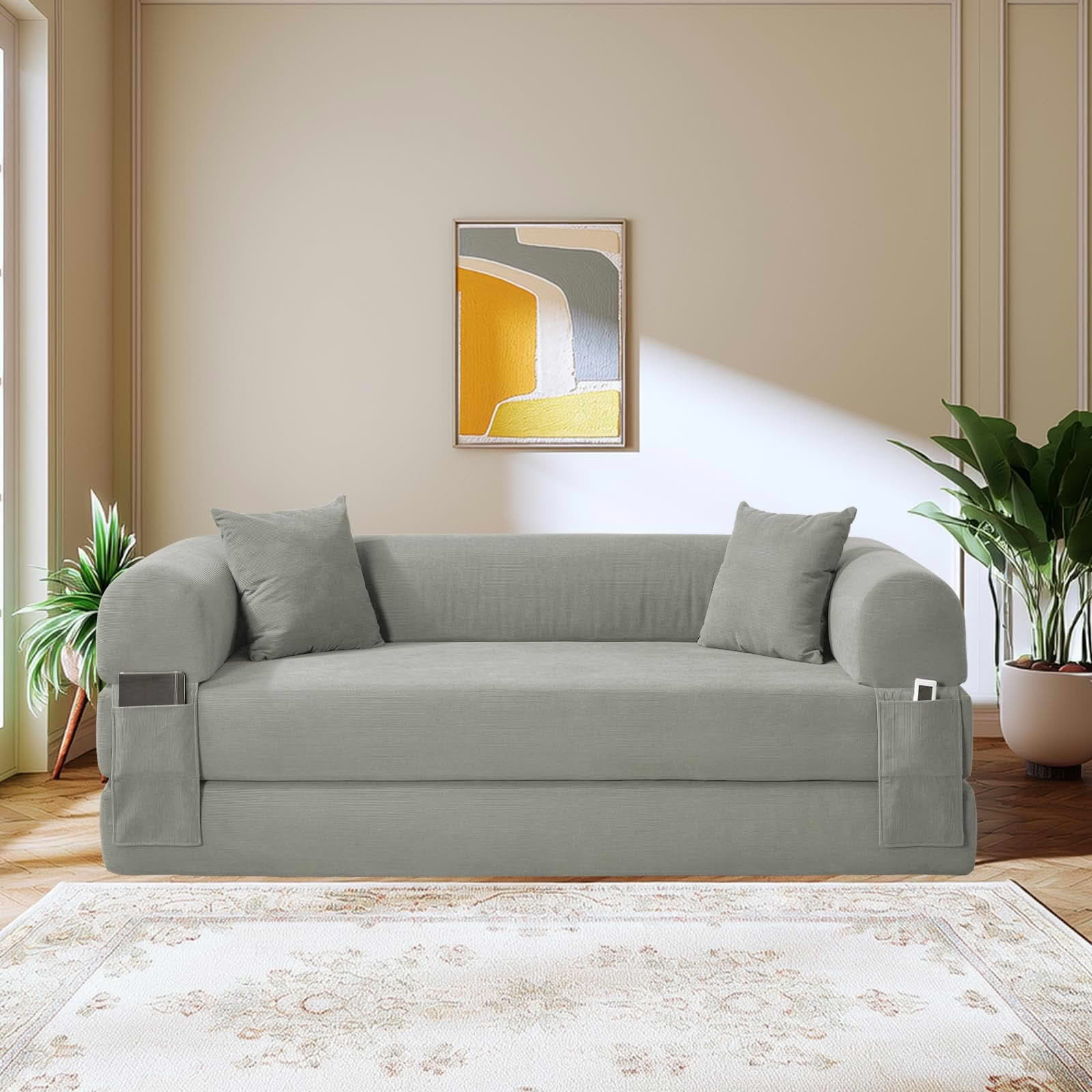 MAYEERTY 80" Light Gray Corduroy Convertible Sofa Bed, 600lbs Queen Size Fold Out Sleeper Couch with Storage & No Assembly for Living Room