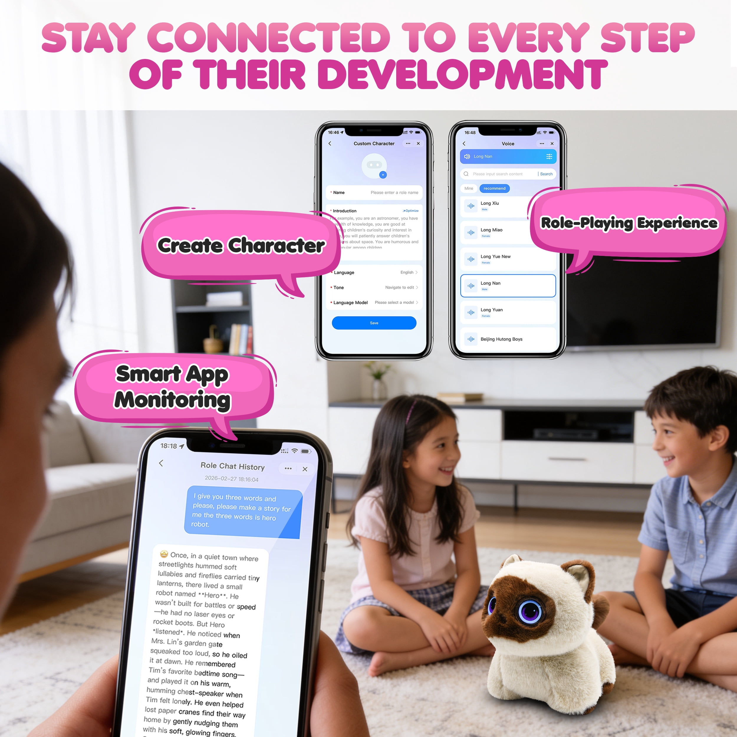 AI Pixie Paw Smart Interactive Plush Cat Voice Responsive Touch Activated Expressive Eyes AI Companion Stuffed Animal for Kids and Pet Lovers, Brown