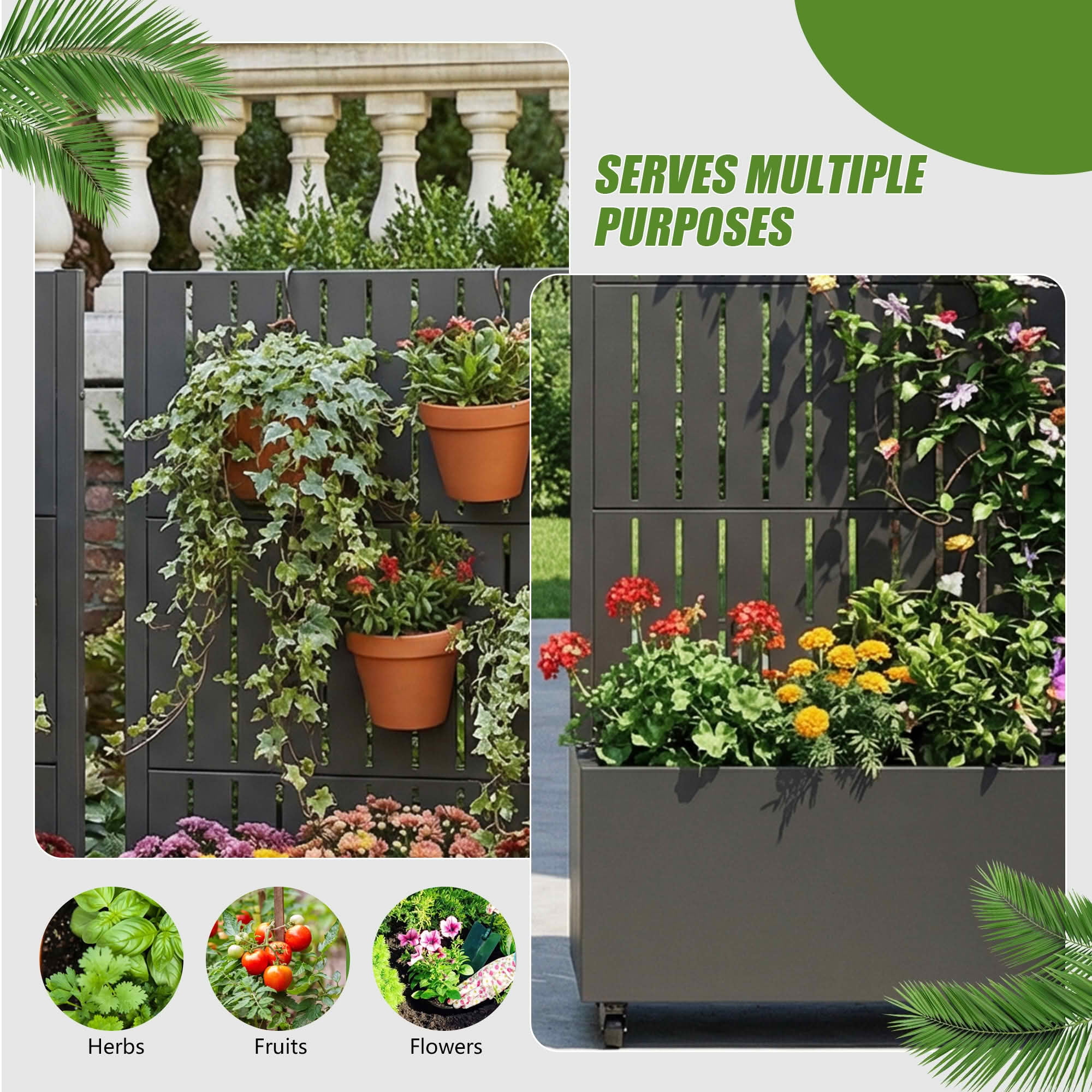 MAYEERTY 47X47" Metal Outdoor Black Privacy Screen with Planter Box for Backyard & Garden, 3 Piece Set, Double‑sided Installation