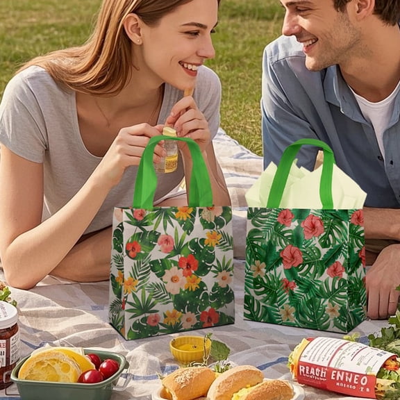 24pcs Green Plant & Flower Gift Bags, Thickened Non-Woven Tote Bags, suitable for picnic parties and female celebration events, including birthday, Mother's Day, wedding, and Valentine's Day gifts.