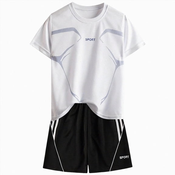 KPOPLK Boys 2 Piece Athletic Outfit Sets Short Sleeve Quick-dry Lightweight Elastic Waist Top and Shorts Sets Clothes Size 15-16 Years,White