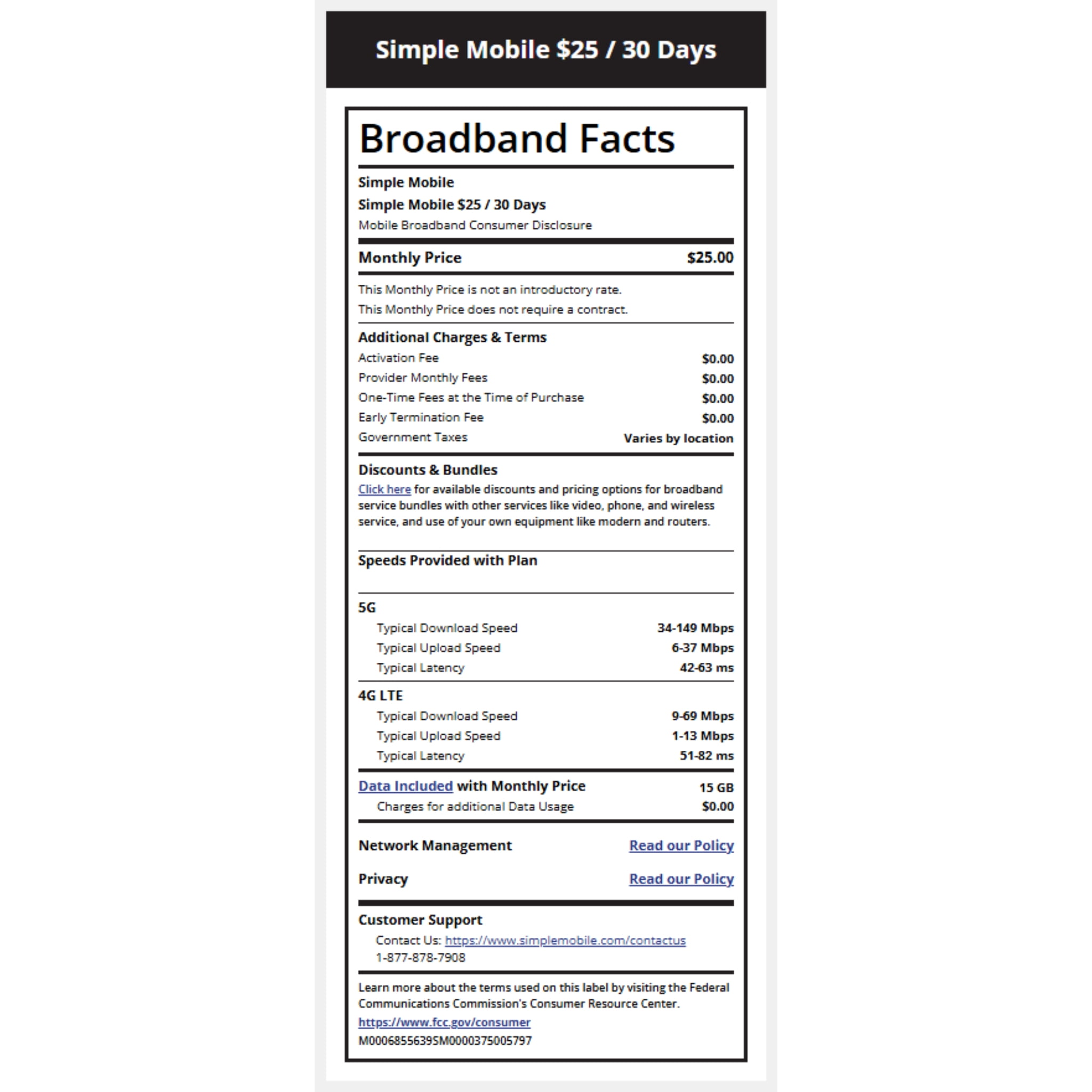 Simple Mobile $25 Unlimited Talk & Text 30-Day Prepaid Plan (15GB at high speeds) + International Calling Credit e-PIN Top Up (Email Delivery)
