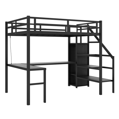 Leumius Metal Gaming Loft Bed with Wardrobe and Adjustable Shelf, Metal, 93.5''L x 57.5''W x 69.13''H, 173.06 LB, Black