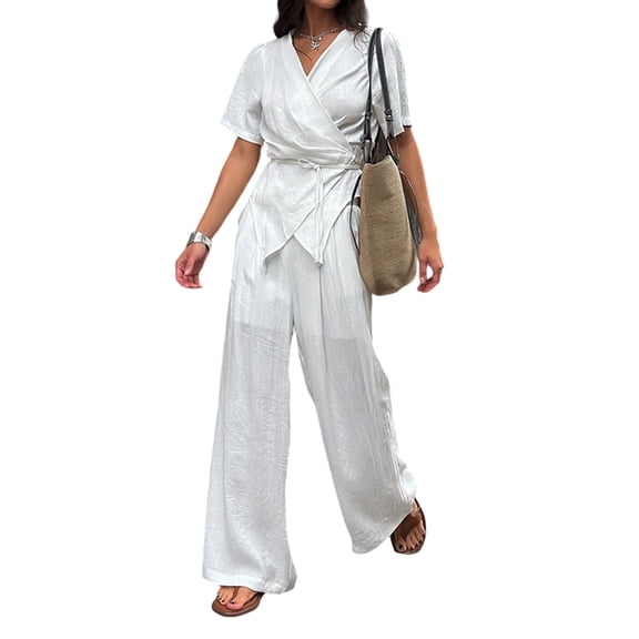 Womens Casual Fashion Set Tie Waist Irregular Hem Top with Wide Leg Pants Two Piece Outfit White S