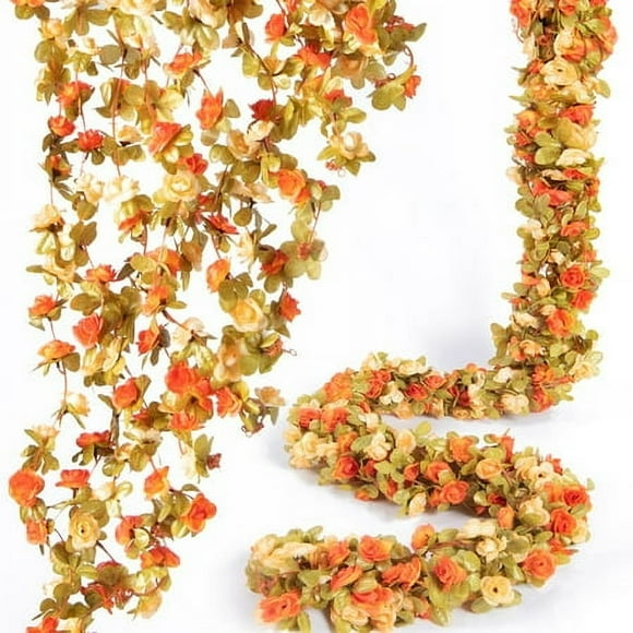 PONKINg Guirlande de Fleurs 8 Pcs 66 Pieds, Vigne de Roses Artificielles avec Feuilles Vertes, Fausses Roses Suspendues pour Décoration de Chambre Anniversaire Mariage Noël Arche Murale, Fleur Blanche de Printemps