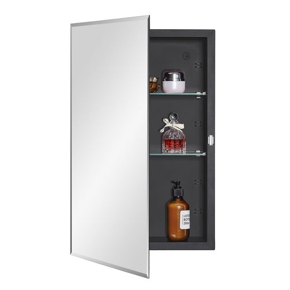 Black Bathroom Medicine Cabinet with Beveled Edge Mirrored Door 15 x 24 inch, Recessed or Surface Mount, with Adjustable Glass shelves