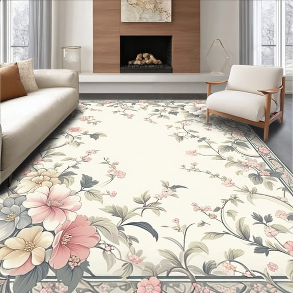 ODIKA 4'x6' Machine Washable Non-Slip Area Rug, Charming Floral in Grey High Traffic Rug, Beige, 109136