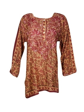 Mogul Women Boho Dolma Silk Maroon Peach Paisley Tunic Embroidered Button Front Blouse XL