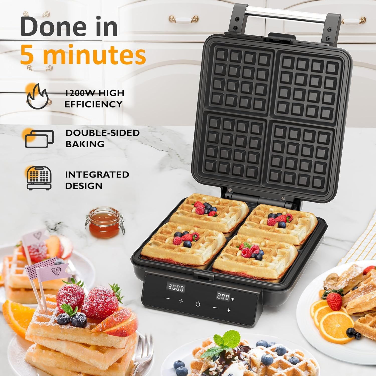 Waffle Maker 4 Slices with Quick Heat-,  & Temperature Control, LCD Display, Nonstick Surface, Stainless Steel, Perfect for Kids and Families