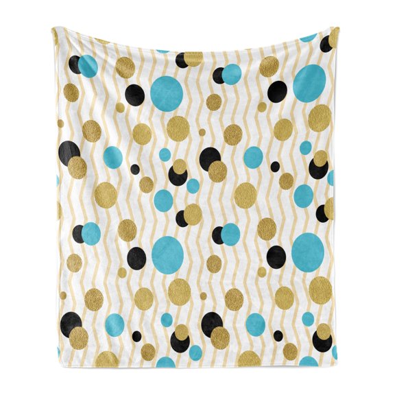 Abstract Soft Flannel Fleece Blanket, Trippy Geometric Circles Dotted Yellow Rounds on Zig Zag Lines Background Artwork Print, Cozy Plush for Indoor and Outdoor Use, 50" x 60", Aqua, by Ambesonne