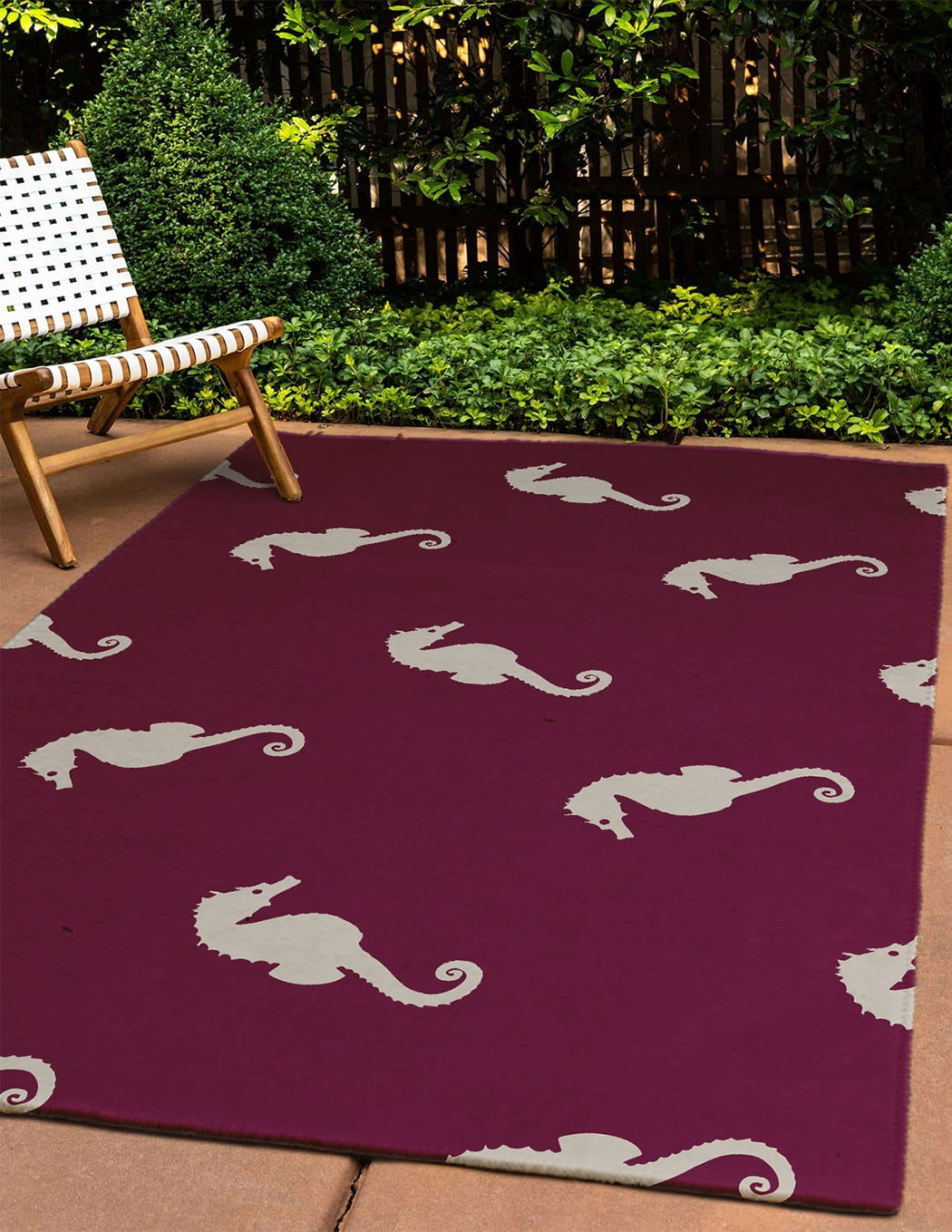 4' x 6' Simply Daisy Sea Horses Beach Style Chenille Area Rug, Maroon Red