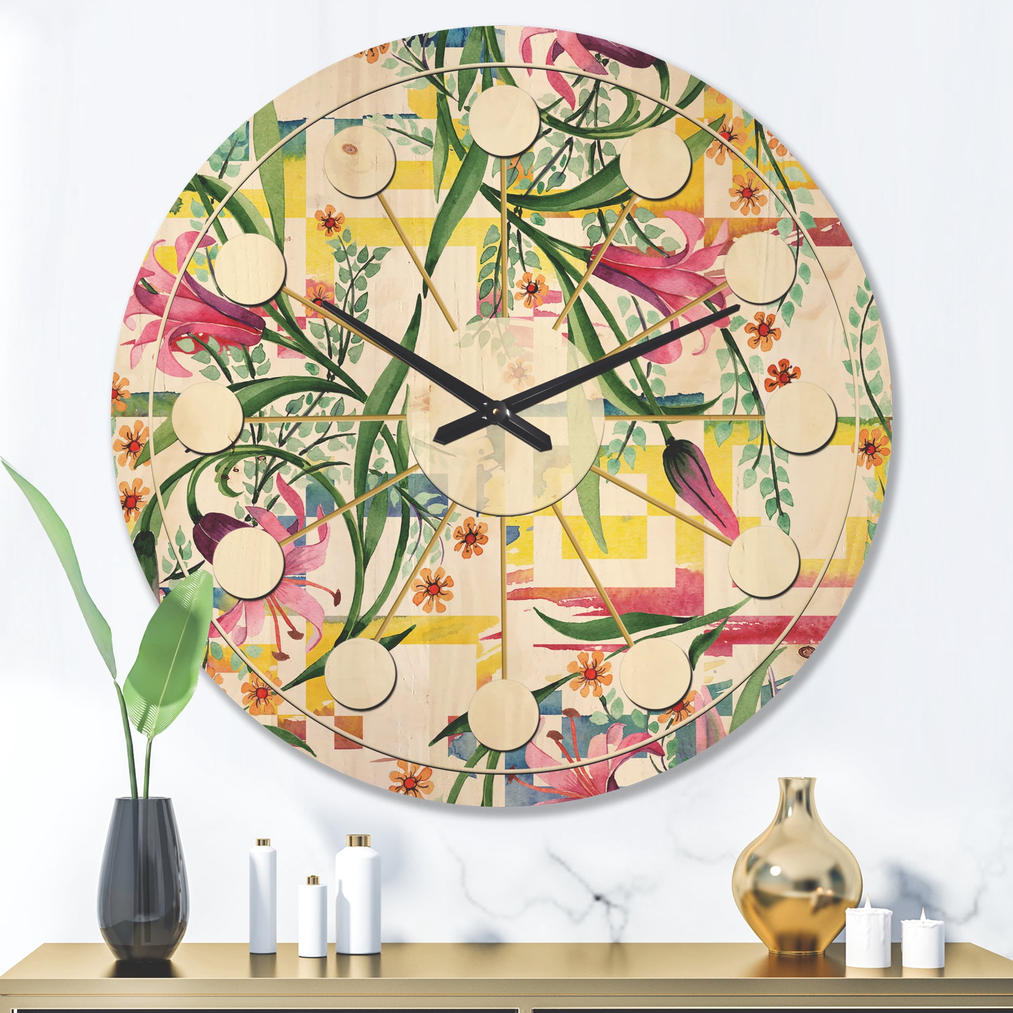 Designart 'Botanical Floral Retro XI' Mid-Century Modern Wood Wall Clock