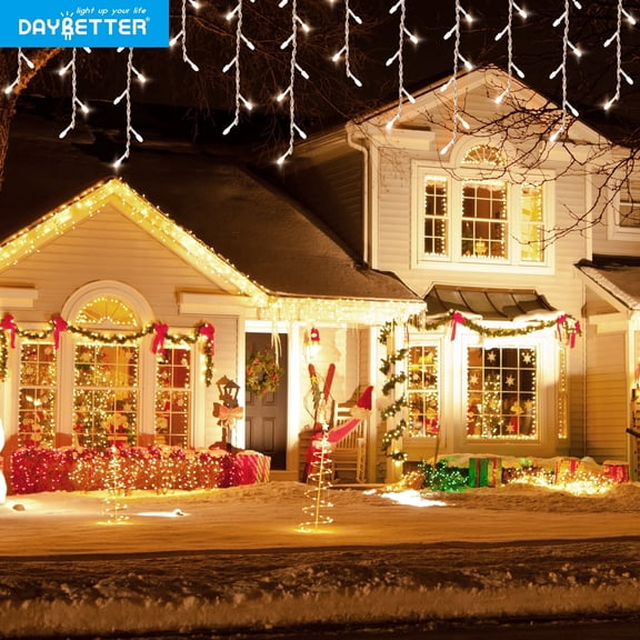 DAYBETTER 33ft Christmas Outdoor Lights, Outdoor Icicle String Lights with 60 Drops, Total 360 LEDs, 8 Lighting Modes for Fireplace, Wedding Decorations