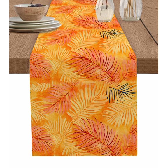 Orange Tropical Leaf Table Runner 36 Inches, Summer Palm Leaves Botanical Bed Runner Dresser Scarves Tabletop for Indoor Outdoor Parties/Ceremony/Banquet, 13"x 36"