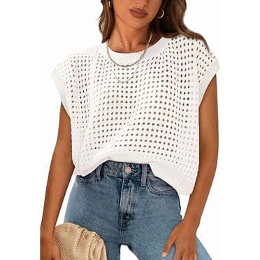 PRETTYGARDEN Womens Spring Tops Summer Shirts Crochet Cap Sleeve Sweater Pullover Cute Crew Neck Beach Cover Ups